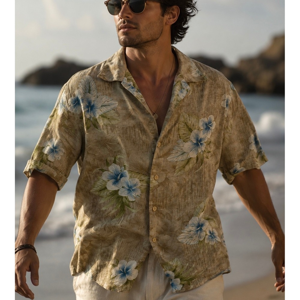 Pusser's West Indies Shirt Men Large Green 100% Silk Floral Aloha Good G29